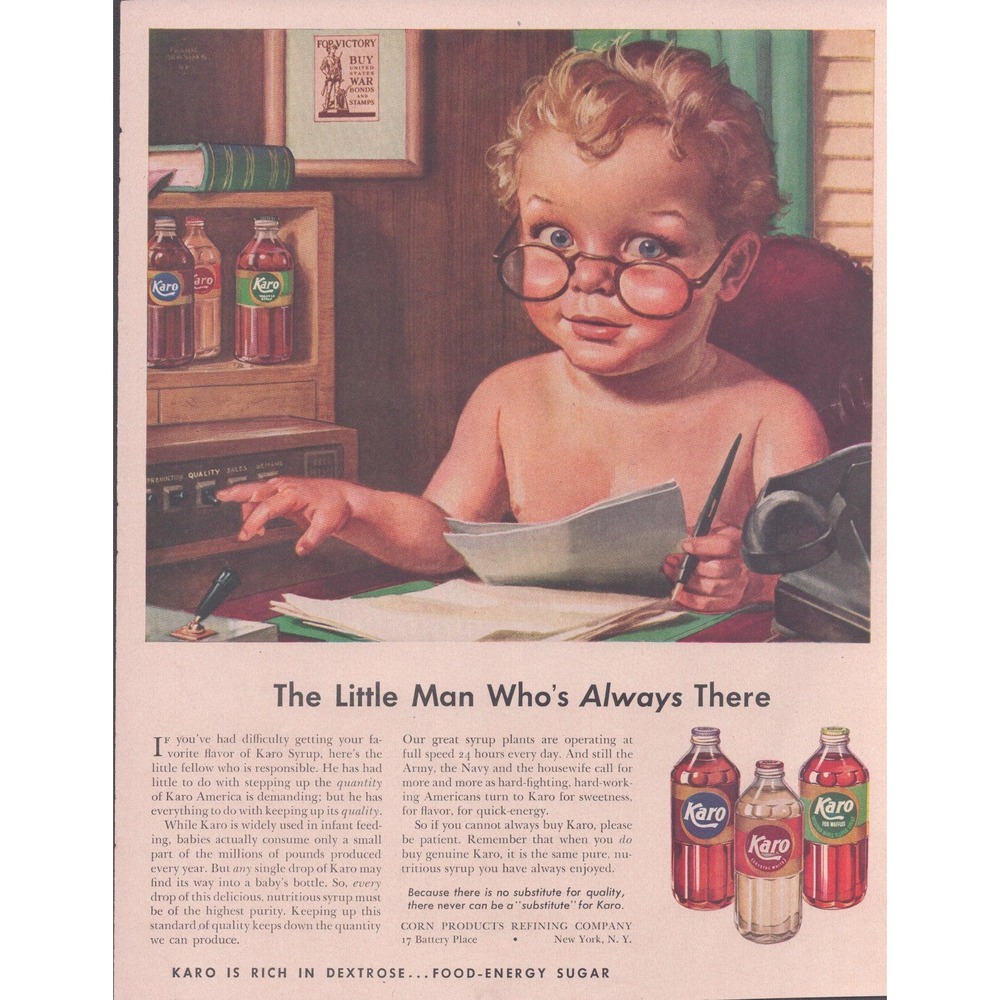 Vintage 1943 Karo Syrup Print Ad The Little Man Who's Always There WWII Era Art